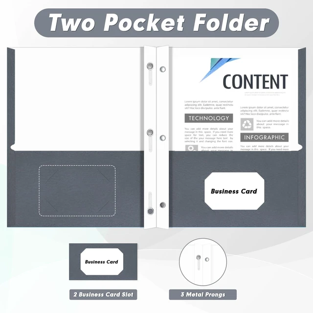 Alt view image 5 of 7 - 60 Pack Two Pocket Paper Folders with Prongs, Letter Size (Grey) 3 Prong Folders with Pockets, Paper, 3 Hole Punched, For School, Office, Home, Business