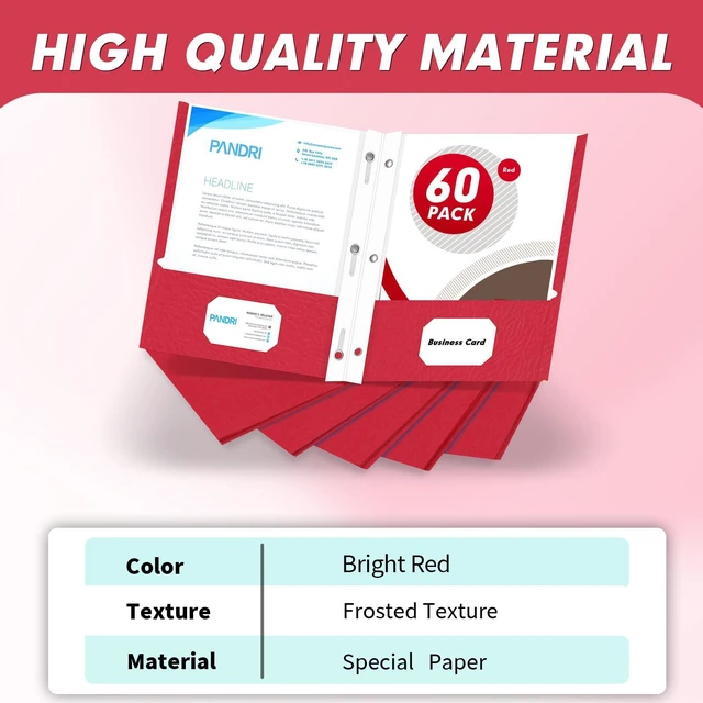Alt view image 5 of 7 - 60 Pack Two Pocket Paper Folders with Prongs, Letter Size (Red) 3 Prong Folders with Pockets, Paper, 3 Hole Punched, For School, Office, Home, Business