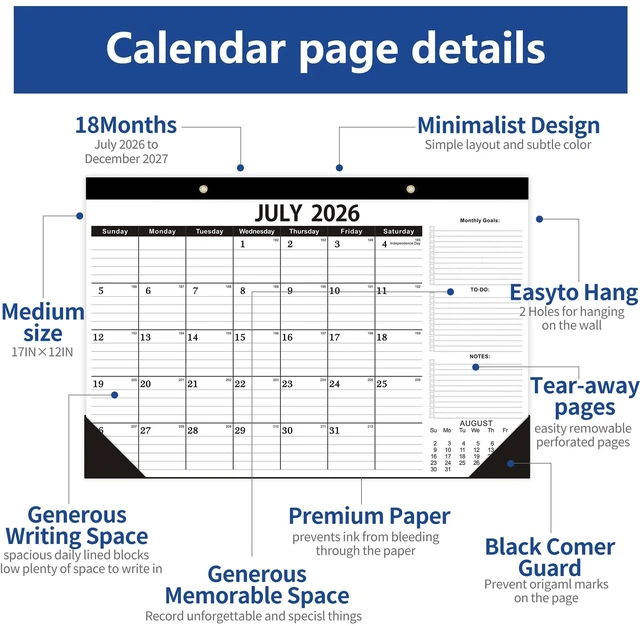 Alt view image 3 of 6 - Desk Calendar 2026-2027,July 2026 to December 2027, Desk calendar 2026-2027 with to-do list,2027 Calendar 18 Months,Calendar 2026-2027-17" x 12" for Home or Office