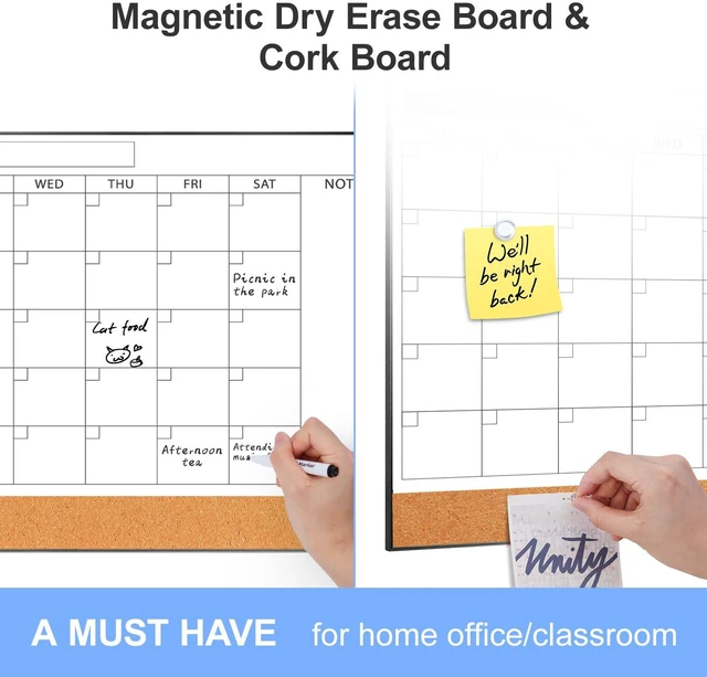 Alt view image 5 of 7 - Dry Erase Calendar with Cork Board for Wall 11.6"x 15.7" Magnetic Calendar Whiteboard with Black Frame, Monthly Combination Board for School, Home, Office