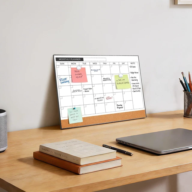 Alt view image 6 of 7 - Dry Erase Calendar with Cork Board for Wall 11.6"x 15.7" Magnetic Calendar Whiteboard with Black Frame, Monthly Combination Board for School, Home, Office