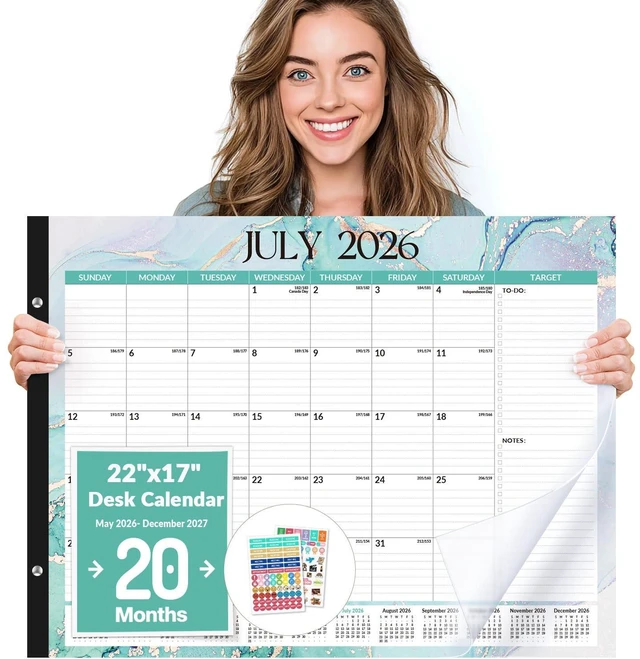 Main image of Desk Calendar 2026-2027, 20 Months Calendar May 2026 to Dec 2027 22" x 17" Large 2026 Desk Calendar Monthly Planner with Plastic Cover for Home School Office, Blue