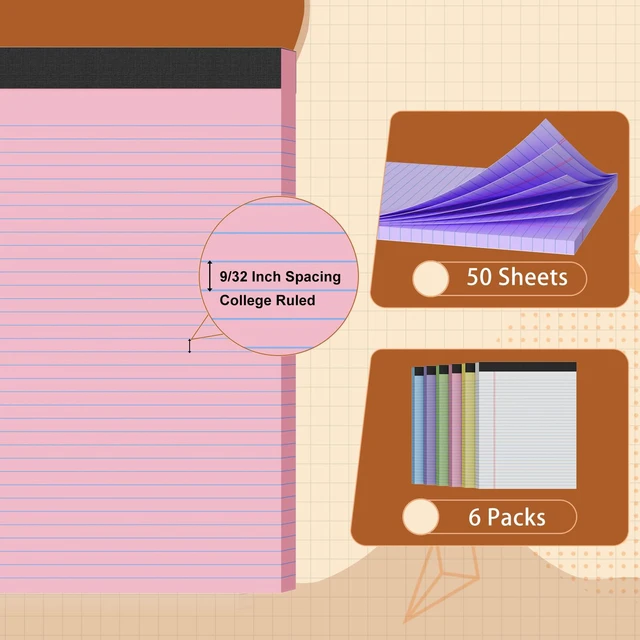 Alt view image 3 of 6 - Legal Pads 8.5 X11, Narrow Ruled Notepads, 6 Pack, 50 Sheet/Pad Colored Legal Pads, Tear Off Notepad, Perforated Writing Pad, Notebook Paper College Ruled, Notepads For Office Home School