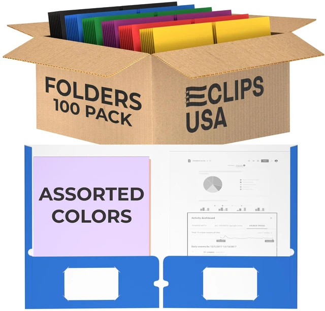 Main image of Folders with Pockets 2 Pocket Folders Bulk, Holds 100 Sheets (50 Sheets Per Pocket) Assorted Colors Office Or School (100 Pack)