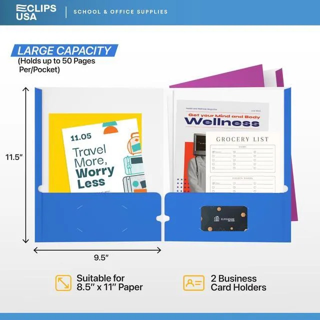Alt view image 2 of 7 - Folders with Pockets 2 Pocket Folders Bulk, Holds 100 Sheets (50 Sheets Per Pocket) Assorted Colors Office Or School (100 Pack)