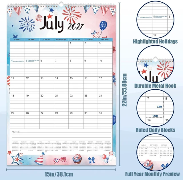 Alt view image 6 of 7 - Large Wall Calendar 2026-2027,19-Month Vertical Wall Calendar Runs from Jun. 2026 to Dec. 2027, 22"x15" Hanging Monthly Planner with Thick Paper Watercolor Design for Easy Organizing
