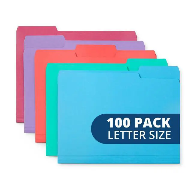 Main image of 100 File Folders, Letter Size, 1/3 Cut, Gem Tones Durable 11pt, 1/3 Cut Top Tab, Colorful Gem Tones, for Office, School, and Home File Organization