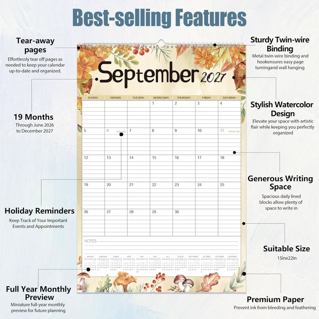 Alt view image 5 of 7 - Large Wall Calendar 2026-2027,19-Month Vertical Wall Calendar Runs from Jun. 2026 to Dec. 2027, 22"x15" Hanging Monthly Planner with Thick Paper Watercolor Design for Easy Organizing