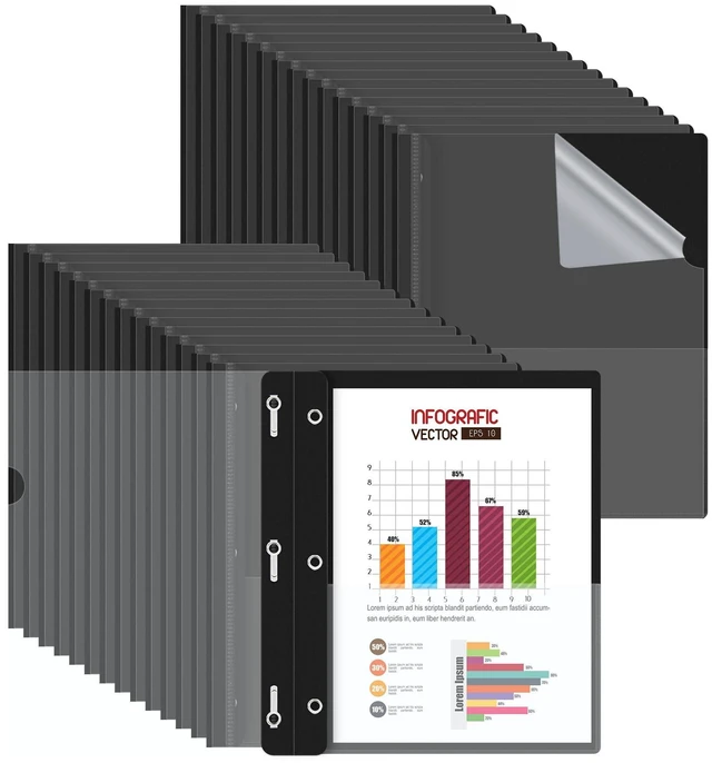 Main image of 30 Pack Plastic Report Covers with 3-Prong Fasteners Clear Front Presentation Folders Resume Folders for 8.5x11 Letter Size Paper, Document Report Cover for School Office Business, Black