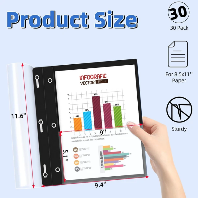 Alt view image 2 of 7 - 30 Pack Plastic Report Covers with 3-Prong Fasteners Clear Front Presentation Folders Resume Folders for 8.5x11 Letter Size Paper, Document Report Cover for School Office Business, Black