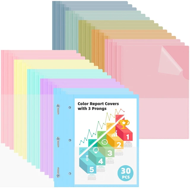 Main image of 30 Pack Report Covers with 3 Prong Fasteners 10 Colors Clear Front Plastic Folders Letter Size, Presentation Folder for Resumes Proposals and School Use, 100 Sheet Capacity