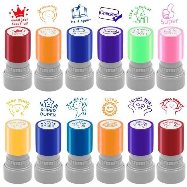 Main image of 12 Pcs Teacher Stamps for Classroom, Rubber Colorful Stamps Classroom Rubber Stamp for Grading Homework Test Motivation Students Supplies