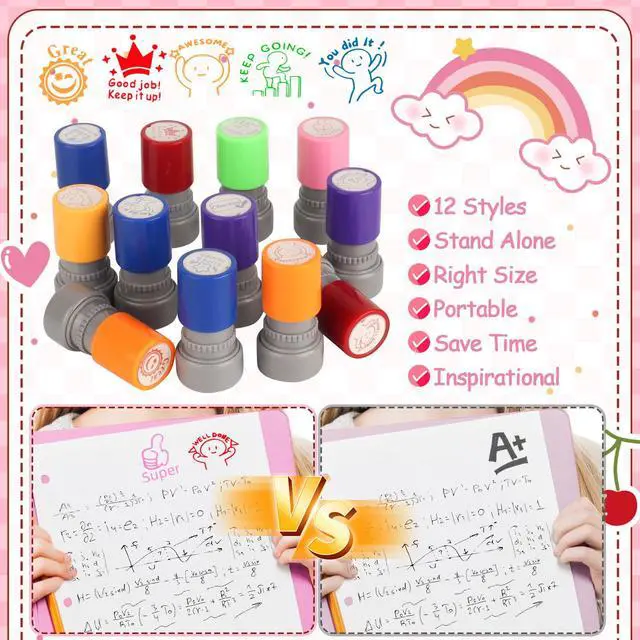 Alt view image 4 of 7 - 12 Pcs Teacher Stamps for Classroom, Rubber Colorful Stamps Classroom Rubber Stamp for Grading Homework Test Motivation Students Supplies
