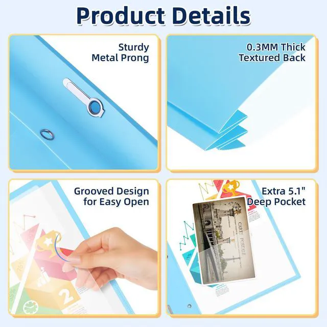 Alt view image 4 of 7 - 30 Pack Report Covers with 3 Prong Fasteners 10 Colors Clear Front Plastic Folders Letter Size, Presentation Folder for Resumes Proposals and School Use, 100 Sheet Capacity