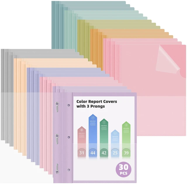 Main image of Report Covers with 3-Prong Fasteners, 30 Pack, Letter Size Clear Plastic Presentation Folders, 30 Assorted Colors, Fits 8.5x11'' Papers, Ideal for Resumes, Documents, School & Office