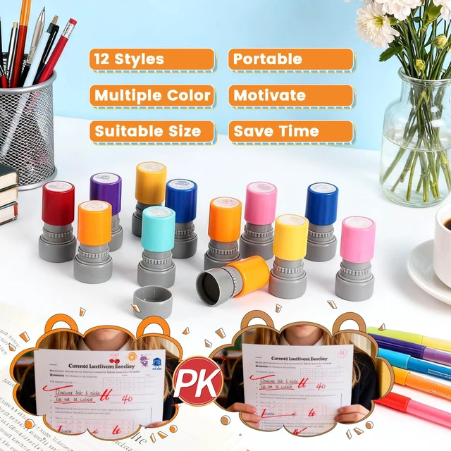 Alt view image 4 of 7 - 12 Pcs Teacher Stamps for Classroom, Self-Inking Rubber Colorful Stamps Classroom Rubber Stamp for Grading Homework Test Motivation Students Supplies