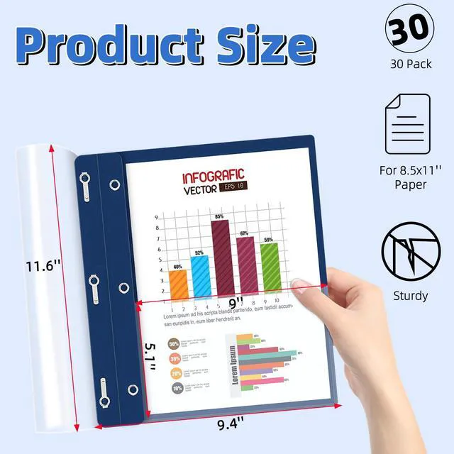 Alt view image 2 of 7 - 30 Pack Plastic Report Covers with 3-Prong Fasteners Clear Front Presentation Folders Resume Folders for 8.5x11 Letter Size Paper, Document Report Cover for School Office Business, Navy Blue