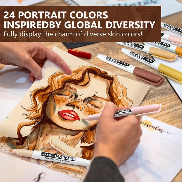 Alt view image 2 of 7 - 24 Skin Tone Permanent Markers - Assorted Portrait Colors, Fine Tip Alcohol-Based Markers for Portrait, Figure, Animals, Trees Painting, Coloring Book, Decorate Wood, Quick-Dry, Fade Resistant