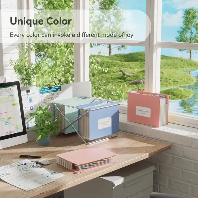 Alt view image 4 of 6 - Wheat Straw Hanging File Folders,7-Pocket Accordion Organizer Large Capacity, Letter Size for Filing Cabinet, Healthy Living- UN Blue& Mint Green&Strawberry Pink-3 Packs