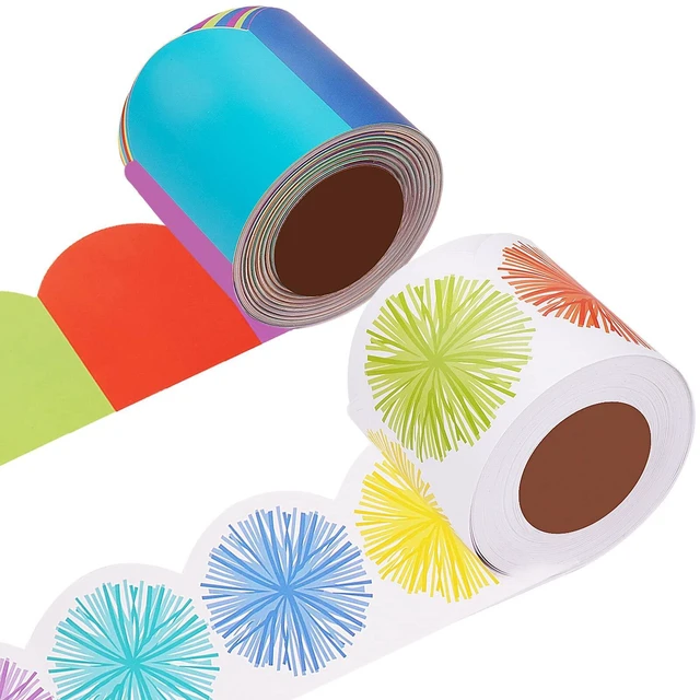Main image of 99Ft Bulletin Board Borders Colorful Scalloped Border Trim Roll Rainbow Bulletin Board Decorations Burst Pom Die Cut Classroom Borders for School Classroom Office Chalkboard Wall Desk Decor