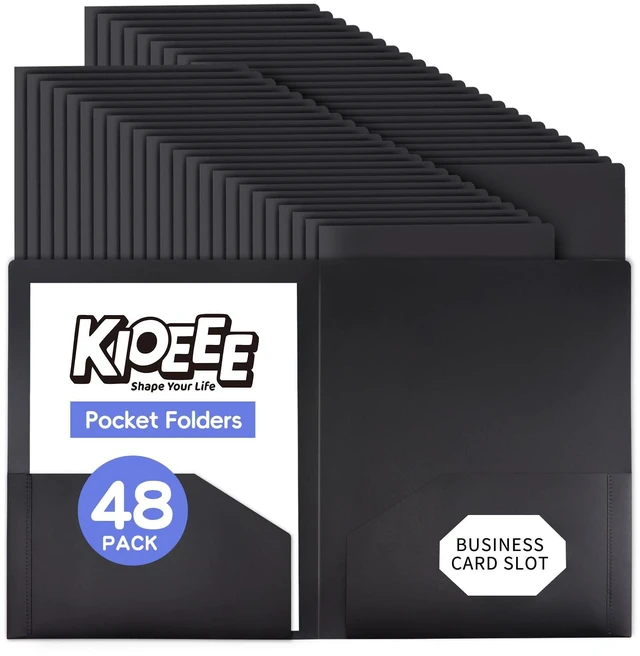 Main image of Plastic Folders with Pockets (48 Pack). Heavy Duty Plastic Folders with 2 Pocket and Business Card Slot. Fit Letter Size Paper, Black for School