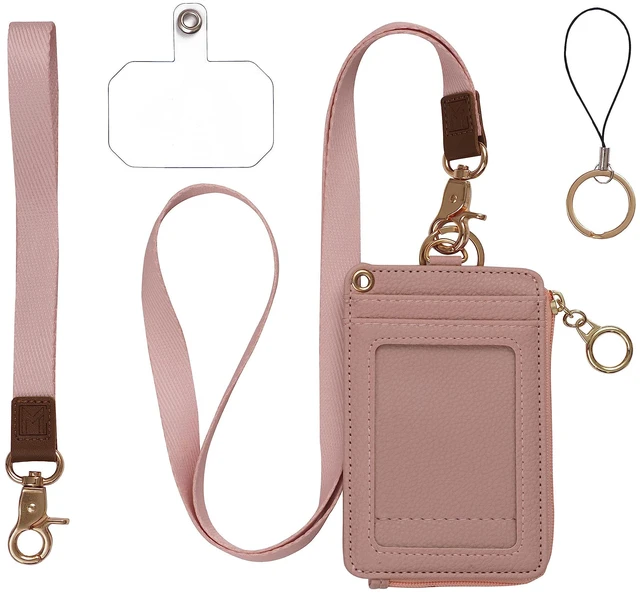 Main image of 2-in-1 ID Badge Holder Lanyard Wallet - Nude Pink Leather badge holder with lanyard features 5 card slots, clear ID window, phone pocket, key ring, and removable wristlet
