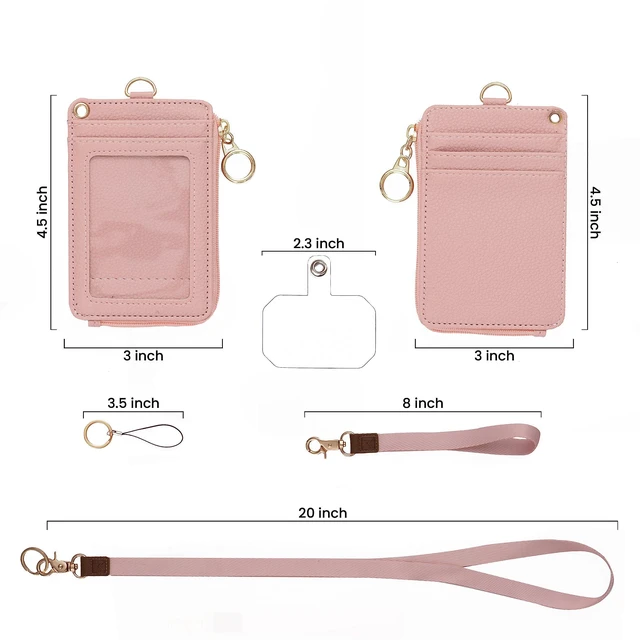 Alt view image 5 of 7 - 2-in-1 ID Badge Holder Lanyard Wallet - Nude Pink Leather badge holder with lanyard features 5 card slots, clear ID window, phone pocket, key ring, and removable wristlet