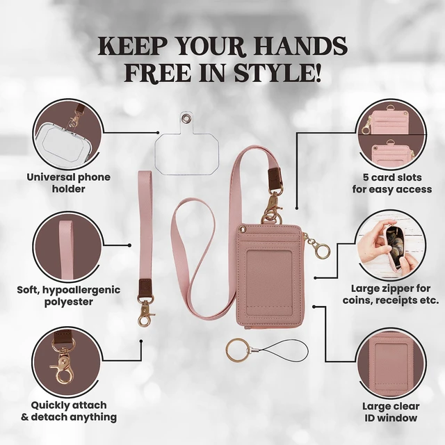 Alt view image 3 of 7 - 2-in-1 ID Badge Holder Lanyard Wallet - Nude Pink Leather badge holder with lanyard features 5 card slots, clear ID window, phone pocket, key ring, and removable wristlet