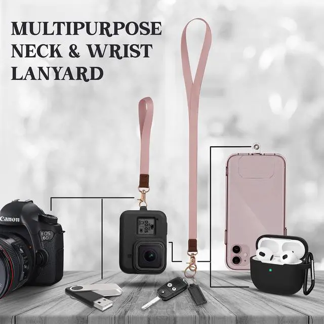 Alt view image 6 of 7 - 2-in-1 ID Badge Holder Lanyard Wallet - Nude Pink Leather badge holder with lanyard features 5 card slots, clear ID window, phone pocket, key ring, and removable wristlet