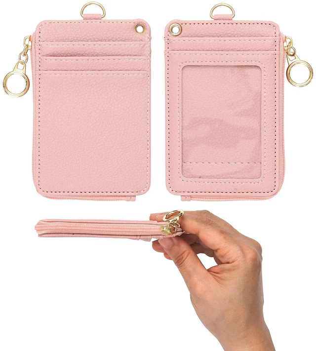 Alt view image 2 of 7 - 2-in-1 ID Badge Holder Lanyard Wallet - Nude Pink Leather badge holder with lanyard features 5 card slots, clear ID window, phone pocket, key ring, and removable wristlet