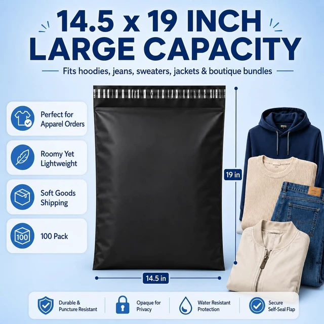 Alt view image 2 of 7 - Large Poly Mailers 14.5x19" 100Pcs,Shipping Bags for Clothing,Black Heavy Duty Self Seal Mailing Envelopes,Durable Opaque Packaging Mailers Poly Bag For Large Clothes Business,Boutique&Online