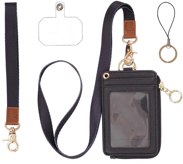 Main image of 2-in-1 ID Badge Holder with Lanyard - Multi-Use Lanyard Keychain Wallet for Women, Small Keychain Wristlet Wallet with Strap & Lanyards for ID Badges, Phone & Card Holder - Black
