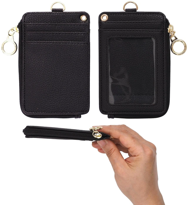 Alt view image 2 of 7 - 2-in-1 ID Badge Holder with Lanyard - Multi-Use Lanyard Keychain Wallet for Women, Small Keychain Wristlet Wallet with Strap & Lanyards for ID Badges, Phone & Card Holder - Black