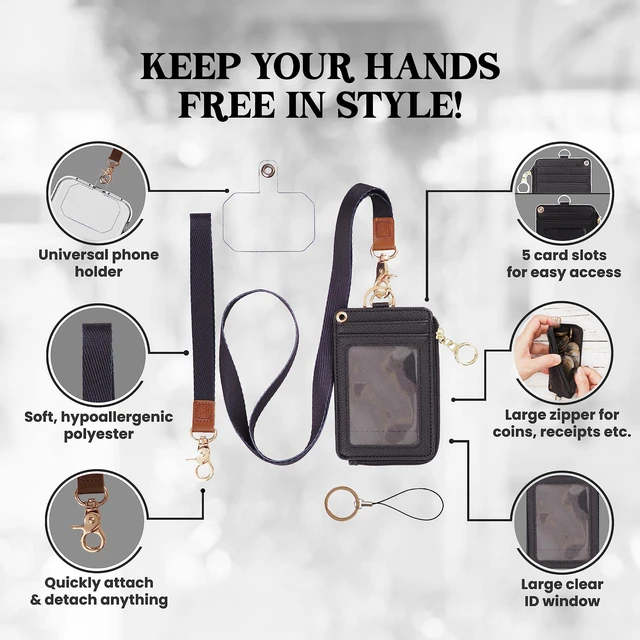 Alt view image 3 of 7 - 2-in-1 ID Badge Holder with Lanyard - Multi-Use Lanyard Keychain Wallet for Women, Small Keychain Wristlet Wallet with Strap & Lanyards for ID Badges, Phone & Card Holder - Black