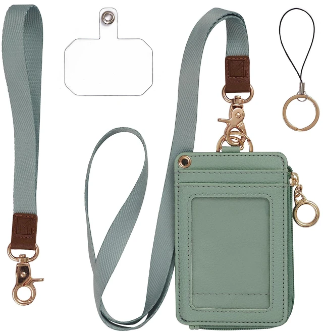 Main image of 2-in-1 Lanyard Wallet ID Badge Holder - Sage Green Leather badge holder with lanyard features 5 card slots, clear ID window, phone pocket, key ring, and removable wristlet