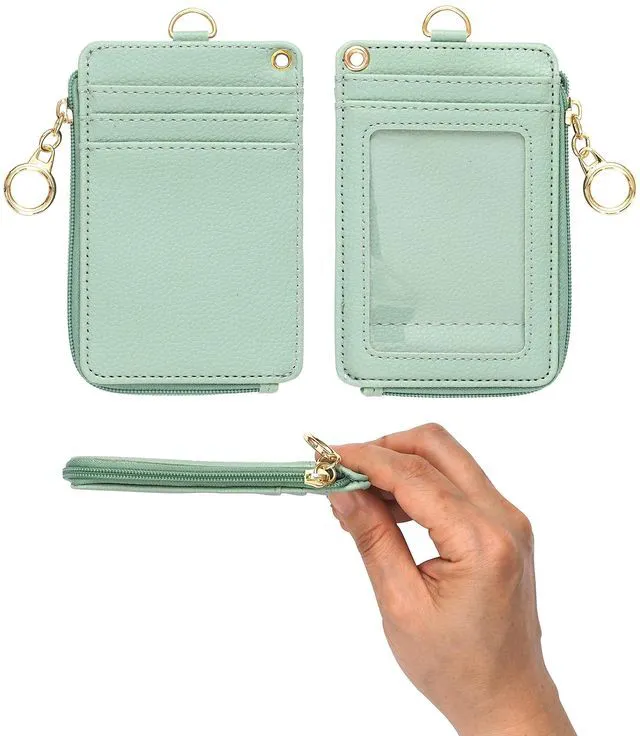 Alt view image 2 of 7 - 2-in-1 Lanyard Wallet ID Badge Holder - Sage Green Leather badge holder with lanyard features 5 card slots, clear ID window, phone pocket, key ring, and removable wristlet