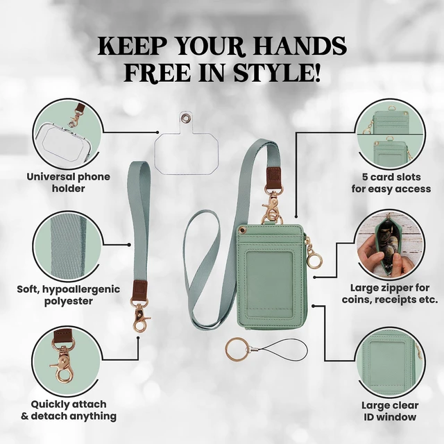 Alt view image 3 of 7 - 2-in-1 Lanyard Wallet ID Badge Holder - Sage Green Leather badge holder with lanyard features 5 card slots, clear ID window, phone pocket, key ring, and removable wristlet