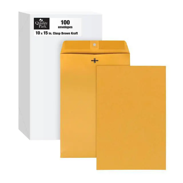 Main image of 10 x 15 Clasp Envelopes, Clasp and Gummed Closures for Storing or Mailing, Heavy-Duty 32 lb Kraft Paper, 100 per Box (QUA37798)