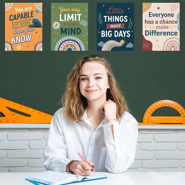 Alt view image 5 of 7 - 13 Pieces Boho Classroom Decor Bulletin Board Posters Inspirational Quote Positive Affirmation Motivational Posters with Welcome Sign for School Decor Classroom Decorations