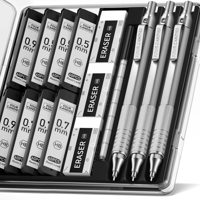 Main image of Metal Mechanical Pencil Set, 3PCS, 0.5 & 0.7 & 0.9mm, Silver