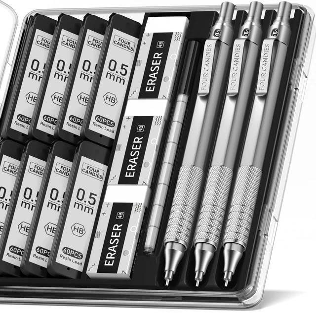 Main image of Metal Mechanical Pencil Set with Case, 0.5mm, 3PCS, Silver 480PCS HB Lead Refills, 3 Erasers+9 Eraser Refills, Anti Grip, for Drafting, Engineering, Technical Drawing, Art Projects