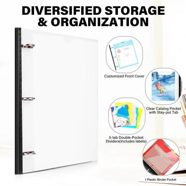 Alt view image 5 of 7 - 2-Pack Telescoping Project Organizer, 1 Inch 3 Ring Binder, White Clear Front Pocket / Tabbed Catalog Pocket / 5-Tab Pocket Dividers / 1 Plastic Pocket in Each Binder