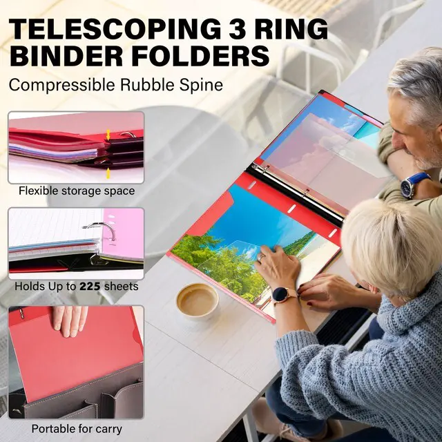 Alt view image 2 of 7 - 2-Pack Telescoping Project Organizer, 1 Inch 3 Ring Binder, Red Clear Front Pocket / Tabbed Catalog Pocket / 5-Tab Pocket Dividers / 1 Plastic Pocket in Each Binder