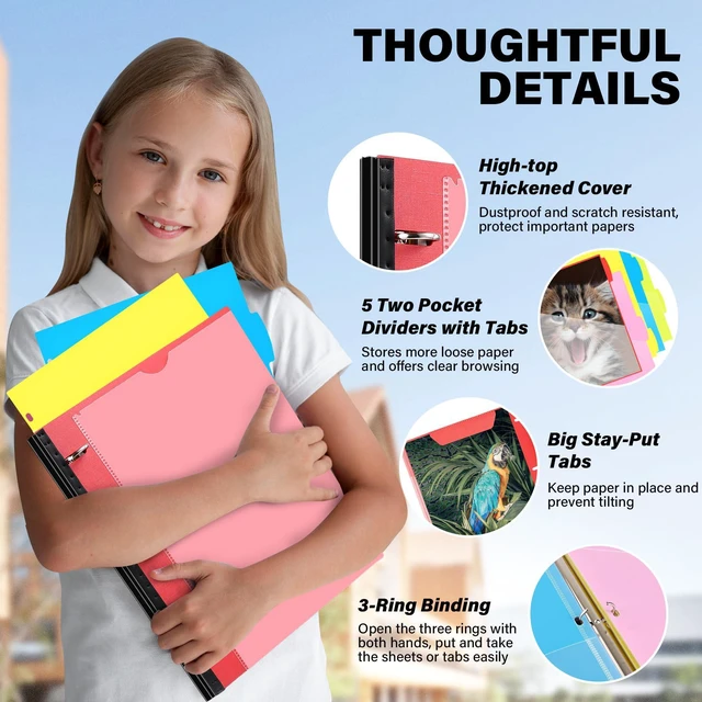 Alt view image 3 of 7 - 2-Pack Telescoping Project Organizer, 1 Inch 3 Ring Binder, Red Clear Front Pocket / Tabbed Catalog Pocket / 5-Tab Pocket Dividers / 1 Plastic Pocket in Each Binder