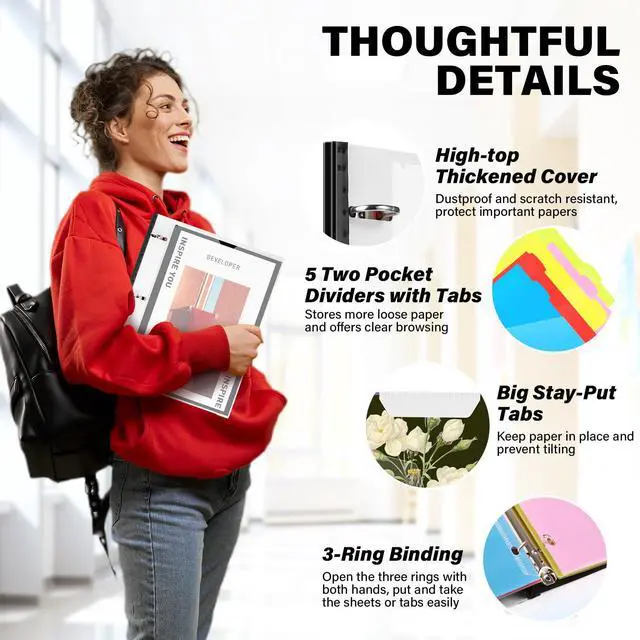 Alt view image 4 of 7 - 2-Pack Telescoping Project Organizer, 1 Inch 3 Ring Binder, White Clear Front Pocket / Tabbed Catalog Pocket / 5-Tab Pocket Dividers / 1 Plastic Pocket in Each Binder