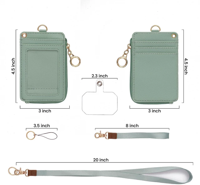 Alt view image 5 of 7 - 2-in-1 Lanyard Wallet ID Badge Holder - Sage Green Leather badge holder with lanyard features 5 card slots, clear ID window, phone pocket, key ring, and removable wristlet
