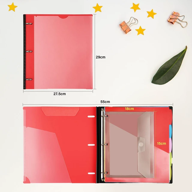 Alt view image 7 of 7 - 2-Pack Telescoping Project Organizer, 1 Inch 3 Ring Binder, Red Clear Front Pocket / Tabbed Catalog Pocket / 5-Tab Pocket Dividers / 1 Plastic Pocket in Each Binder