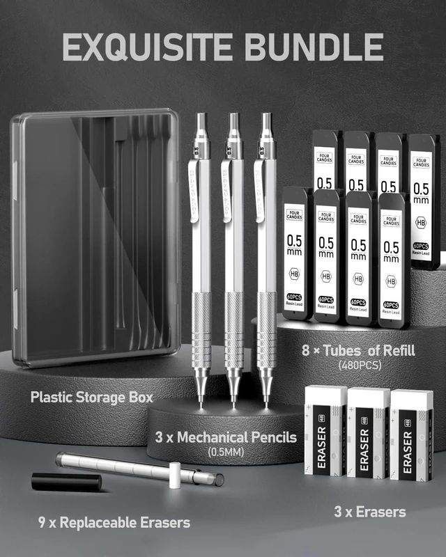 Alt view image 4 of 7 - Metal Mechanical Pencil Set with Case, 0.5mm, 3PCS, Silver 480PCS HB Lead Refills, 3 Erasers+9 Eraser Refills, Anti Grip, for Drafting, Engineering, Technical Drawing, Art Projects
