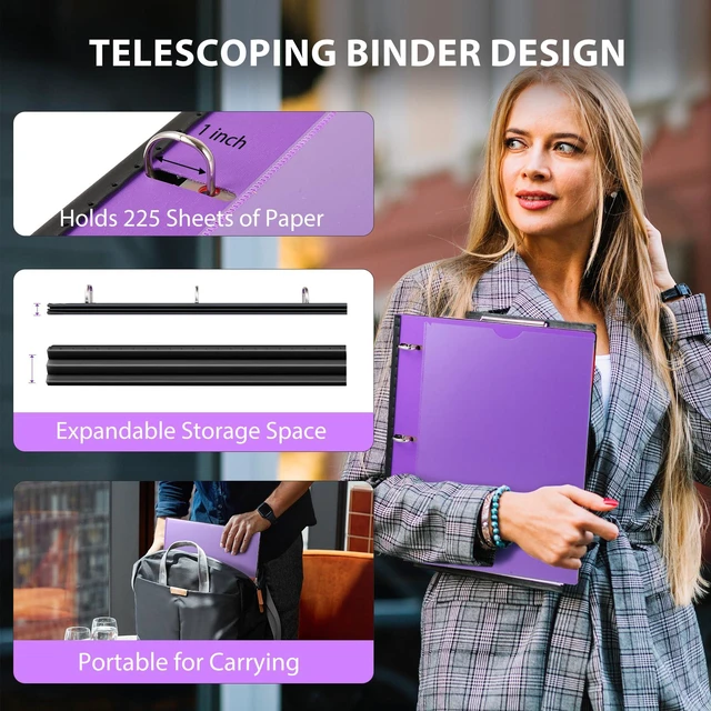 Alt view image 2 of 6 - Telescoping Project Organizer, 1 Inch 3 Ring Binder, Purple Clear Front Pocket / Tabbed Catalog Pocket / 5-Tab Pocket Dividers / 1 Plastic Binder Pocket