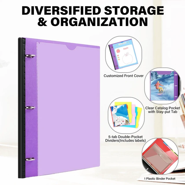 Alt view image 5 of 6 - Telescoping Project Organizer, 1 Inch 3 Ring Binder, Purple Clear Front Pocket / Tabbed Catalog Pocket / 5-Tab Pocket Dividers / 1 Plastic Binder Pocket